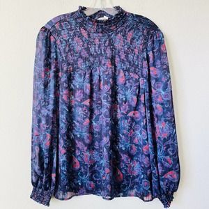 Joie Purple Silk Paisley Long Sleeve High Neck Blouse